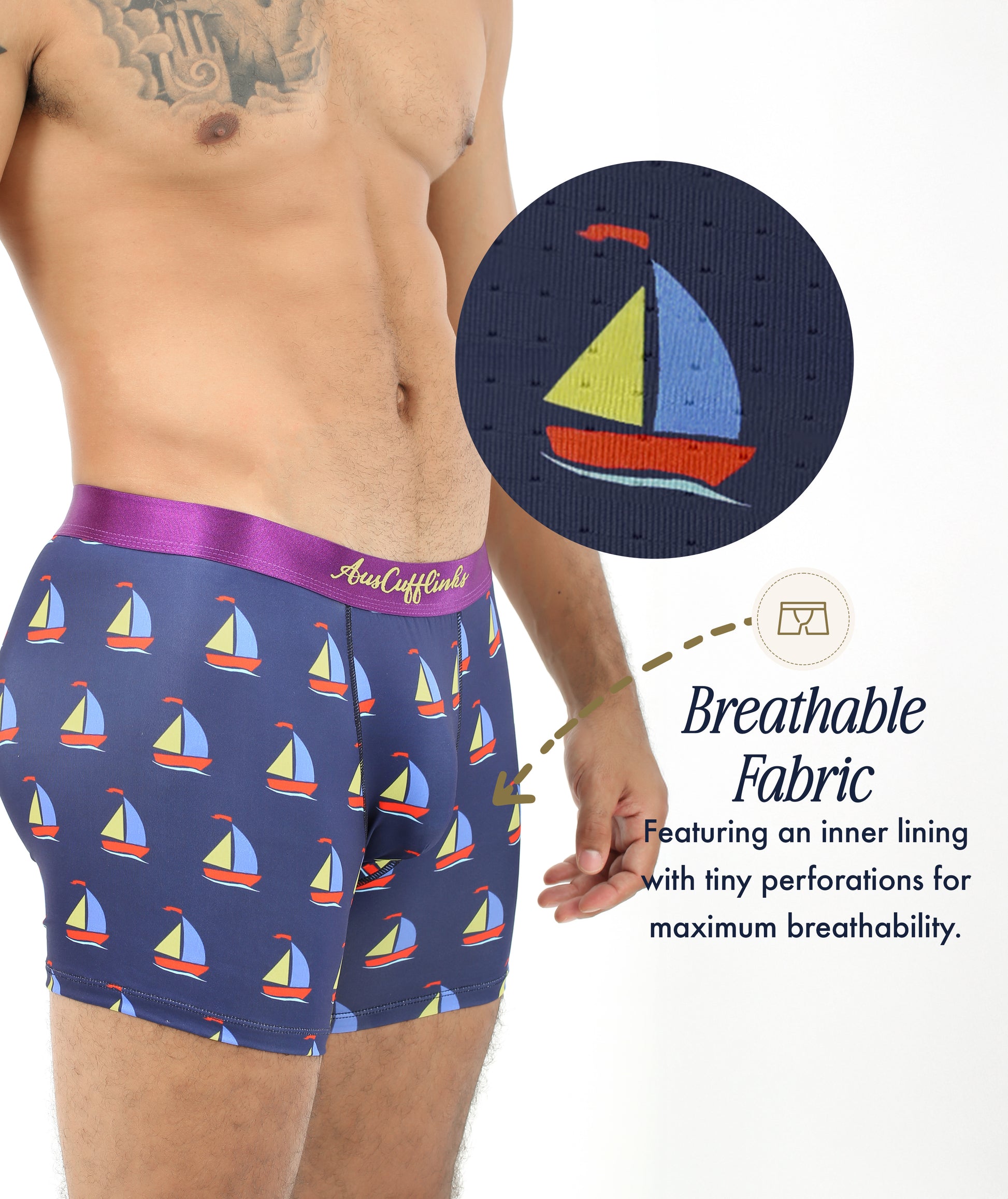 A man wears Sail Boat Underwear featuring a sailboat print; an inset displays a close-up of the breathable, perforated fabric that highlights the maritime-inspired design.