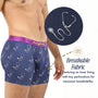 A person wears Stethoscope Underwear in navy blue; an inset shows fabric perforations, emphasizing its breathable material. Text reads: "Breathable Fabric," describing this underwear designed for medical professionals.