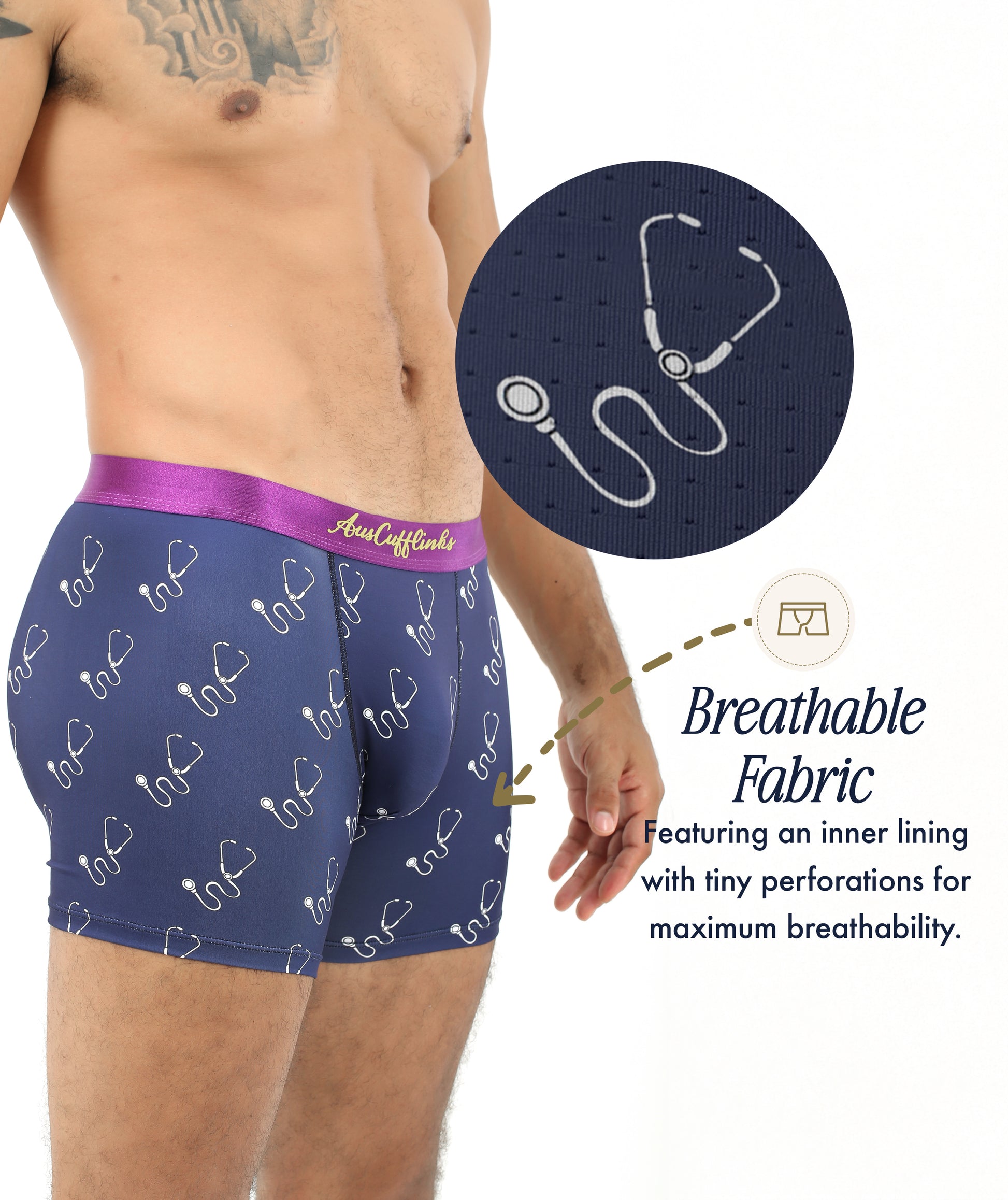 A person wears Stethoscope Underwear in navy blue; an inset shows fabric perforations, emphasizing its breathable material. Text reads: "Breathable Fabric," describing this underwear designed for medical professionals.