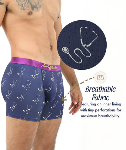 A person wears Stethoscope Underwear in navy blue; an inset shows fabric perforations, emphasizing its breathable material. Text reads: "Breathable Fabric," describing this underwear designed for medical professionals.