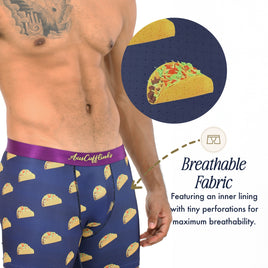 A man wears Taco Underwear with a purple waistband; an inset spotlights the fabric’s perforations for breathability. Text reads "Breathable Fabric," highlighting the fun, novelty features of Taco Underwear.