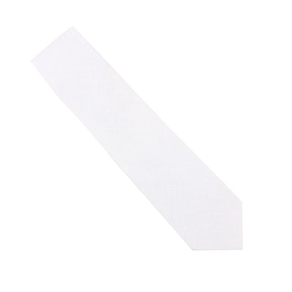 The Classic White Cotton Skinny Tie, ideal for formal events, is showcased on a crisp white background and elegantly angled from top left to bottom right.