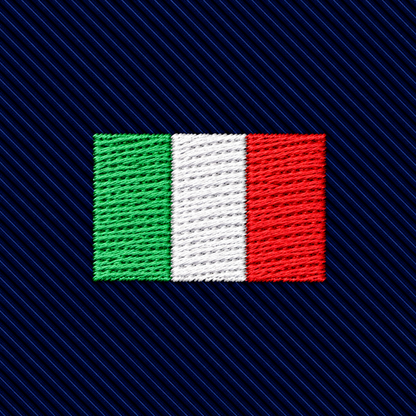 A Mexican Italian Flag Skinny Tie featuring an embroidered Italian flag on a dark blue ribbed heritage skinny tie.