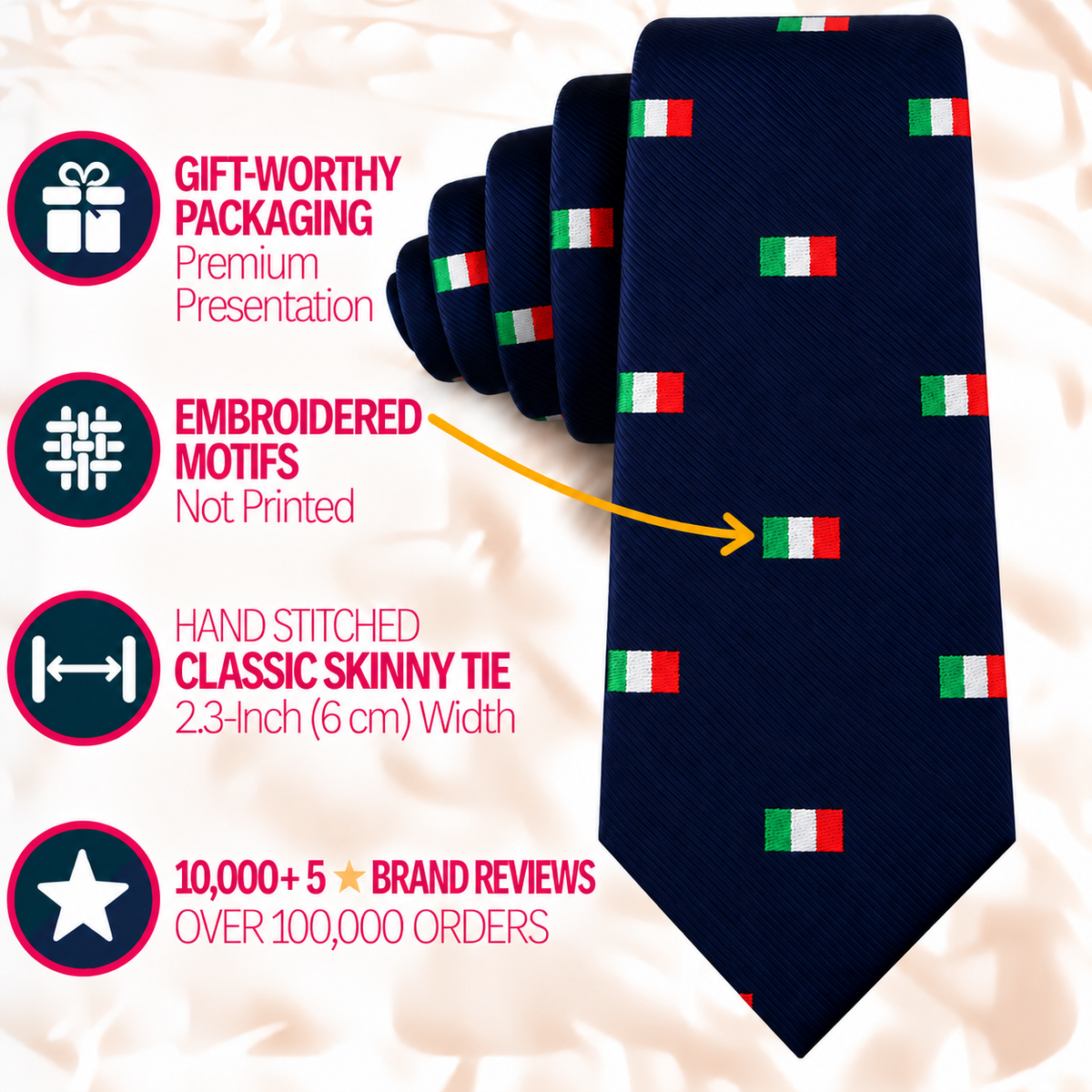Dark blue Mexican Italian Flag Skinny Tie featuring small embroidered Italian flags, with callouts highlighting its packaging, embroidery, dimensions, and customer reviews.