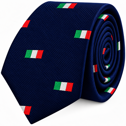 Navy blue heritage Mexican Italian Flag Skinny Tie featuring a pattern of small Italian flag icons.