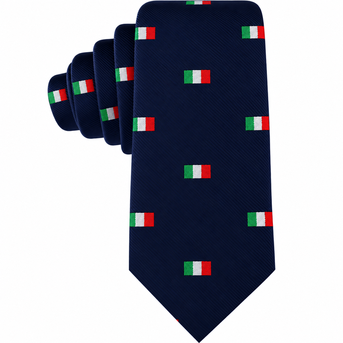 Navy blue skinny tie patterned with small Italian flags, styled as a Mexican Italian Flag Skinny Tie for subtle cultural pride.
