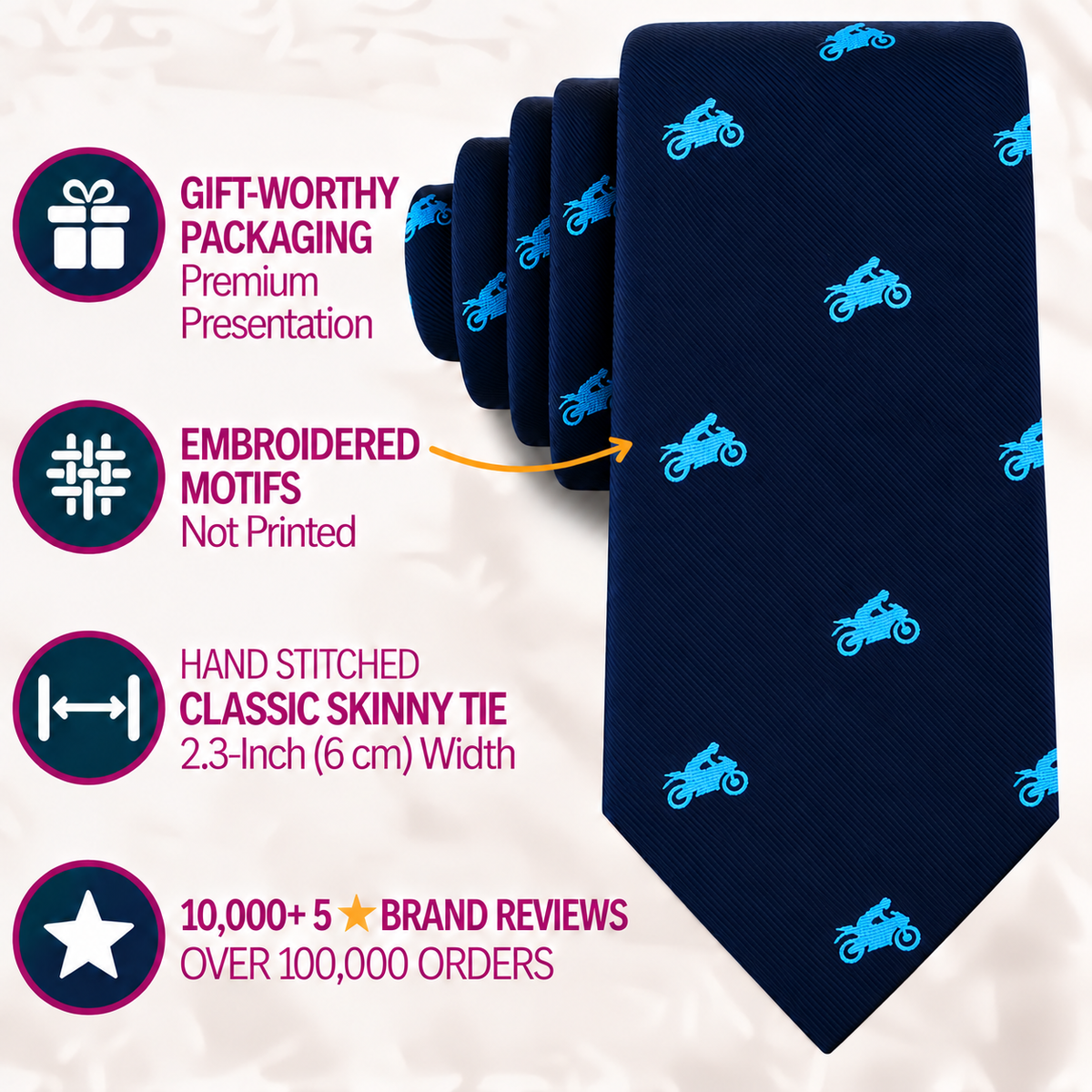 Motorbike Skinny Tie in dark blue with a light blue embroidered pattern, featuring hand-stitched construction, a 2.3-inch width, gift packaging, and customer review statistics.
