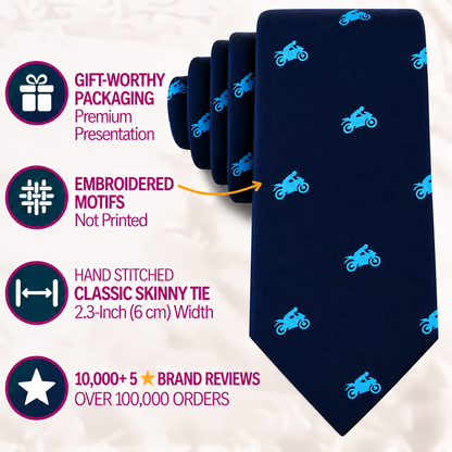 Motorbike Skinny Tie in dark blue with a light blue embroidered pattern, featuring hand-stitched construction, a 2.3-inch width, gift packaging, and customer review statistics.