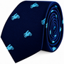 Dark blue Motorbike Skinny Tie with a repeating pattern of light blue motorbikes.