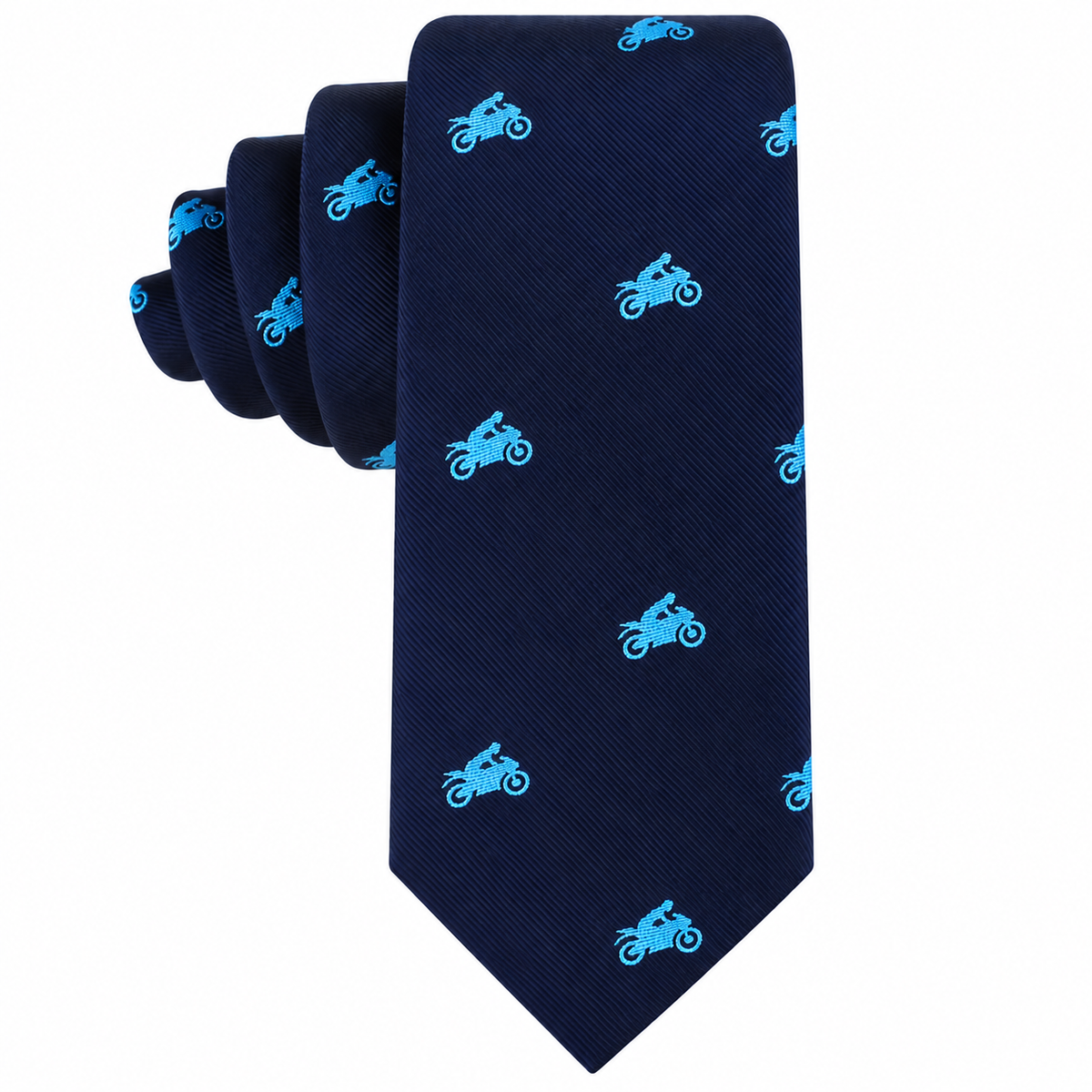 Motorbike Skinny Tie in dark blue microfiber featuring a pattern of small light blue motorcycle icons.