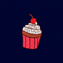 Muffin Skinny Tie featuring an embroidered cupcake patch with white frosting, chocolate drizzle, and a cherry on top, centered on a dark blue diagonal-striped bakery print tie.