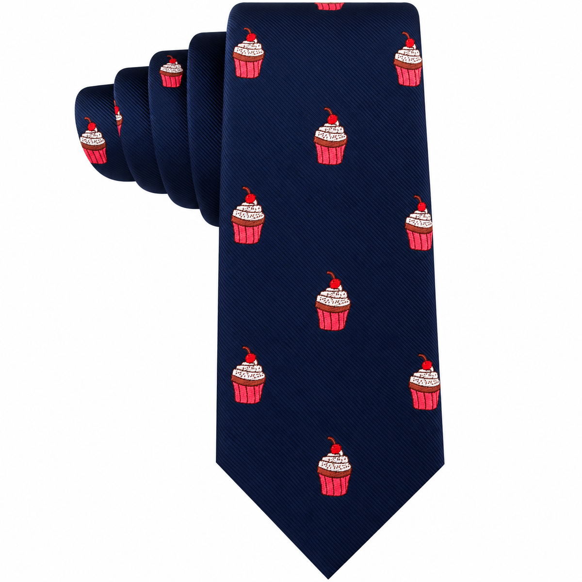 Dark blue Muffin Skinny Tie featuring a repeating bakery print of cupcakes topped with cherries.
