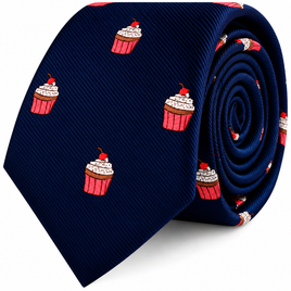 Navy blue Muffin Skinny Tie featuring an embroidered cupcake pattern, perfect as a gift for dessert enthusiasts.