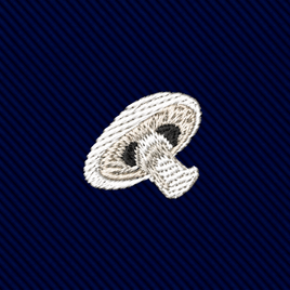 Embroidered mushroom icon on a dark blue, diagonal ribbed Mushrooms Skinny Tie.