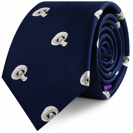 Mushrooms Skinny Tie in dark blue with a repeating pattern of white and grey fungi for added woodland charm.