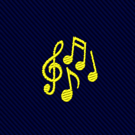 Musical Note Skinny Tie featuring yellow embroidered musical notes on a dark blue diagonal-striped background.