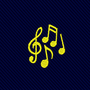 Musical Note Skinny Tie featuring yellow embroidered musical notes on a dark blue diagonal-striped background.