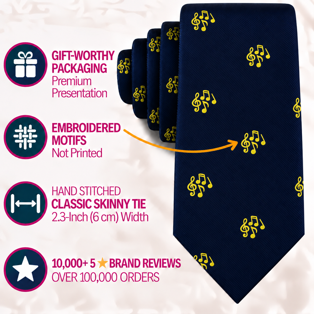 A dark blue Musical Note Skinny Tie patterned with yellow motifs, surrounded by text highlighting gift packaging, embroidered details, dimensions, and customer reviews.