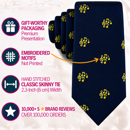 A dark blue Musical Note Skinny Tie patterned with yellow motifs, surrounded by text highlighting gift packaging, embroidered details, dimensions, and customer reviews.
