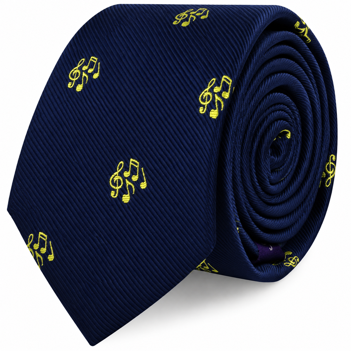 Rolled-up dark blue Musical Note Skinny Tie featuring a repeating pattern of small yellow musical notes.