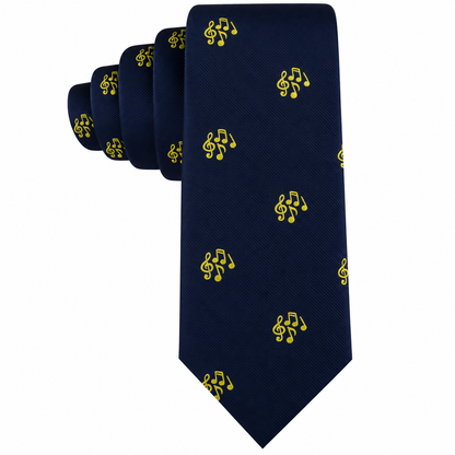 Musical Note Skinny Tie in dark blue, featuring a repeating pattern of yellow musical notes and shown coiled at the top.