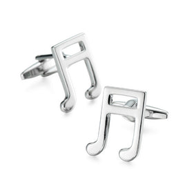 Music Note Cufflinks—stylish silver accessories shaped like musical notes, ideal gifts for musicians—are shown on a plain white background.
