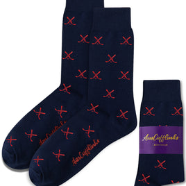 Red and Navy Ice Hockey Cross Socks feature a navy base with red crossed lines, displayed unfolded and folded with an "Aussie Cufflinks Australia" label. These moisture-wicking hockey socks deliver comfort and style for any occasion.