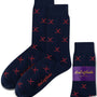 Red and Navy Ice Hockey Cross Socks feature a navy base with red crossed lines, displayed unfolded and folded with an "Aussie Cufflinks Australia" label. These moisture-wicking hockey socks deliver comfort and style for any occasion.
