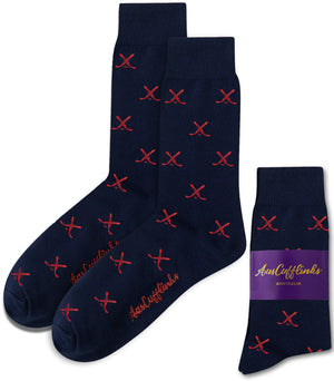 Red and Navy Ice Hockey Cross Socks feature a navy base with red crossed lines, displayed unfolded and folded with an "Aussie Cufflinks Australia" label. These moisture-wicking hockey socks deliver comfort and style for any occasion.