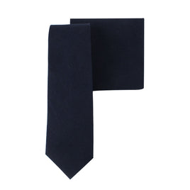 The Navy Cotton Business Tie & Pocket Square Set is elegantly arranged against a plain white background, leaving a lasting impression with its simple yet stylish design.