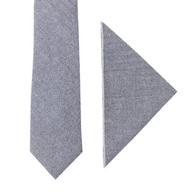 The Navy Herringbone Cotton Business Tie & Pocket Square Set is elegantly displayed on a crisp white background.