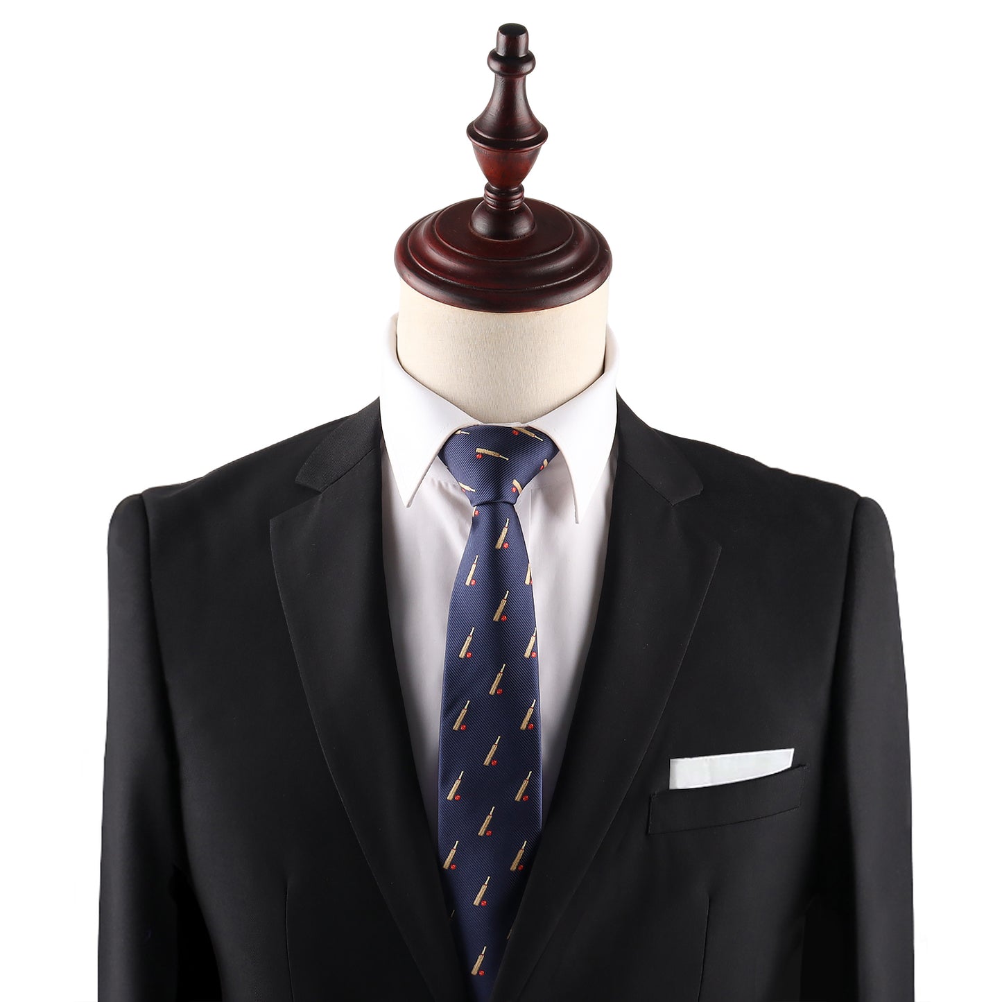 novelty cricket sports skinny necktie featuring cricket bat and ball pattern for fans collectors and sporting events