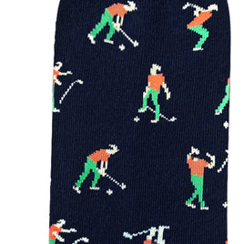 The Angry Golfer Socks offer unparalleled comfort with a pattern of golfers in various poses on a navy blue background, adding sporty flair to your wardrobe.