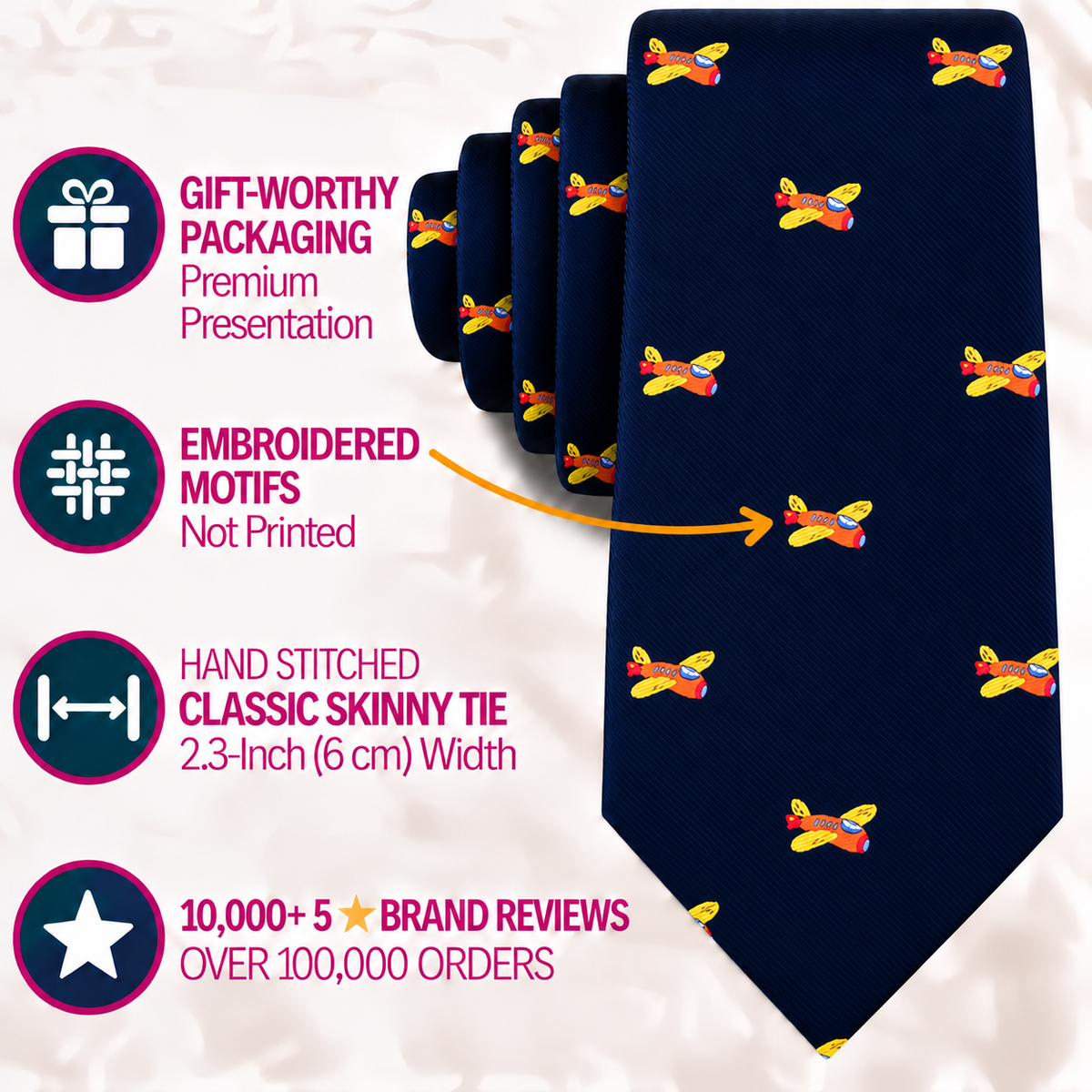 An Orange Aircraft Skinny Tie in navy blue with a pattern of small yellow and red airplanes, surrounded by text highlighting features including gift packaging, embroidered motifs, and sizing details.