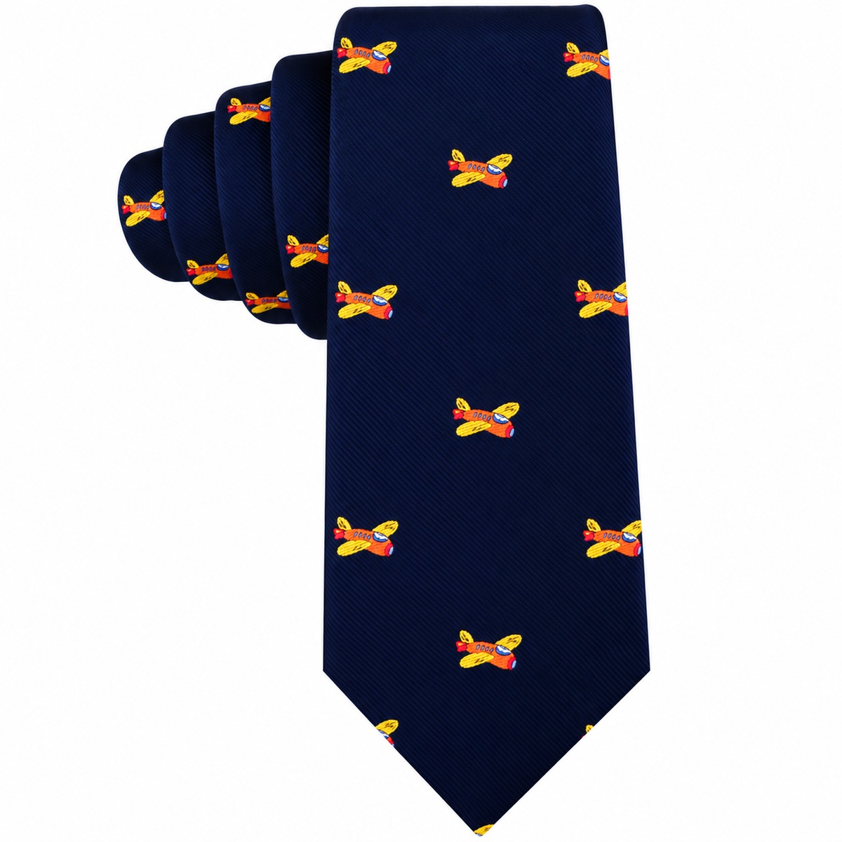 Orange Aircraft Skinny Tie in navy blue with a repeating pattern of small orange airplanes.