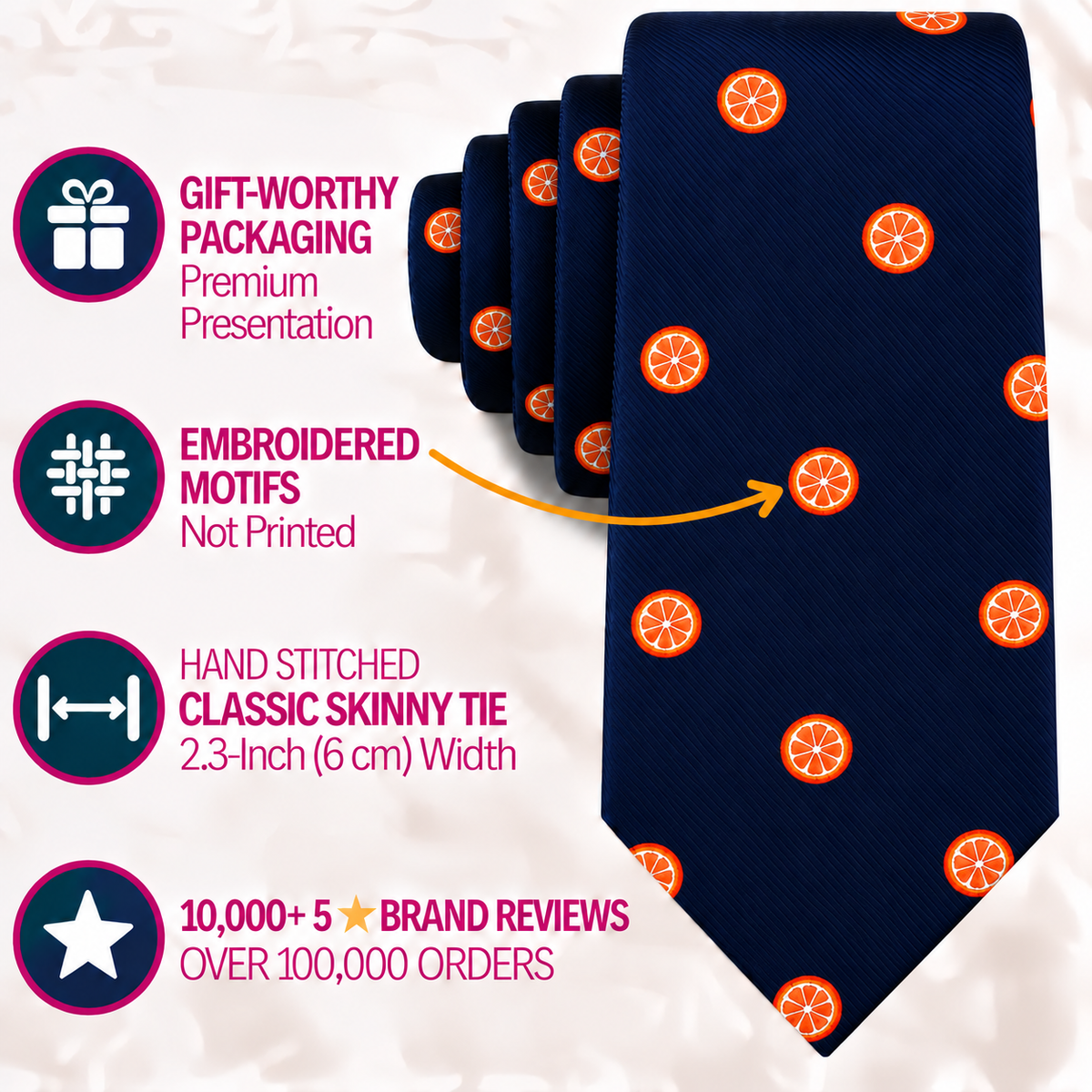 Navy blue Orange Skinny Tie with orange fruit slice motifs and a 2.3-inch width.