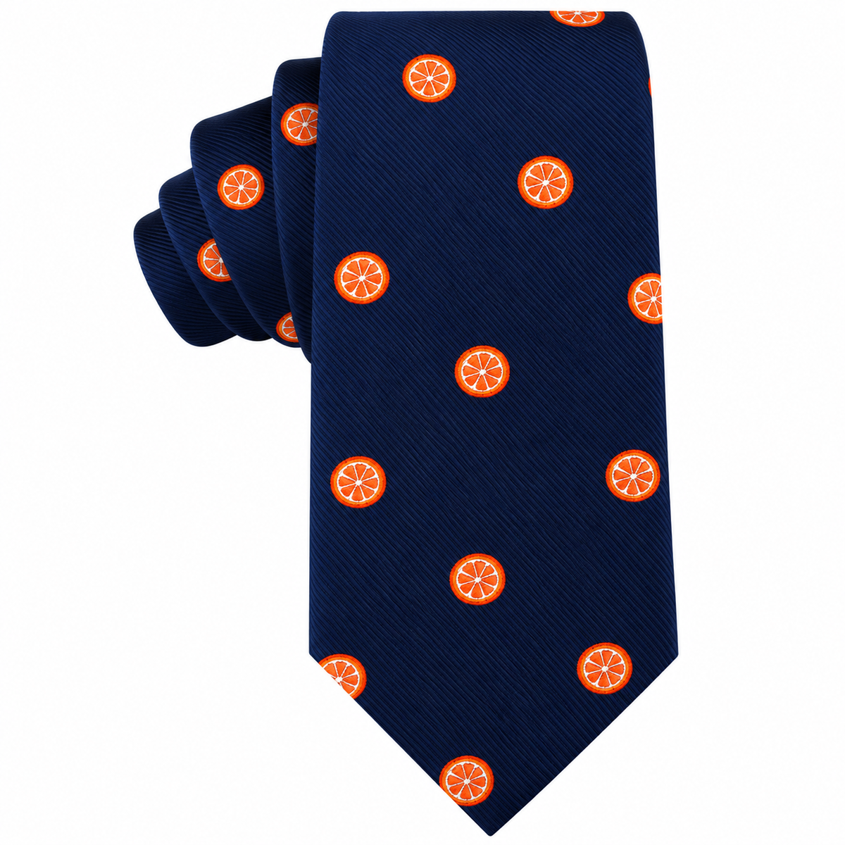 Orange Skinny Tie in navy blue featuring a repeating pattern of orange citrus slices for a vibrant look.