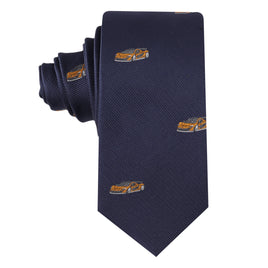 Men’s skinny tie with orange race car design – motorsport-themed necktie for racing fans