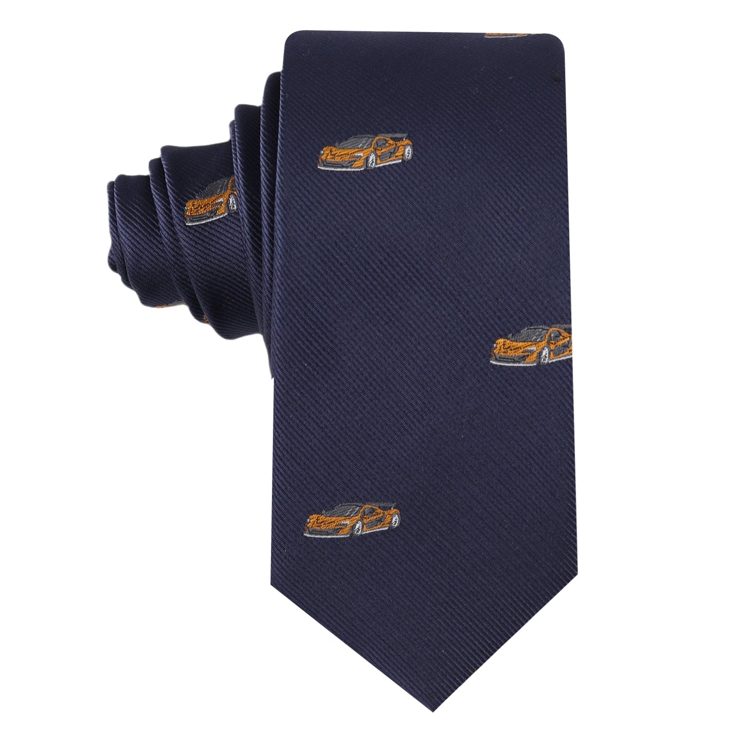 Men’s skinny tie with orange race car design – motorsport-themed necktie for racing fans