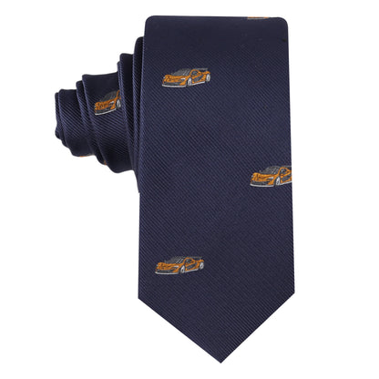 Men’s skinny tie with orange race car design – motorsport-themed necktie for racing fans