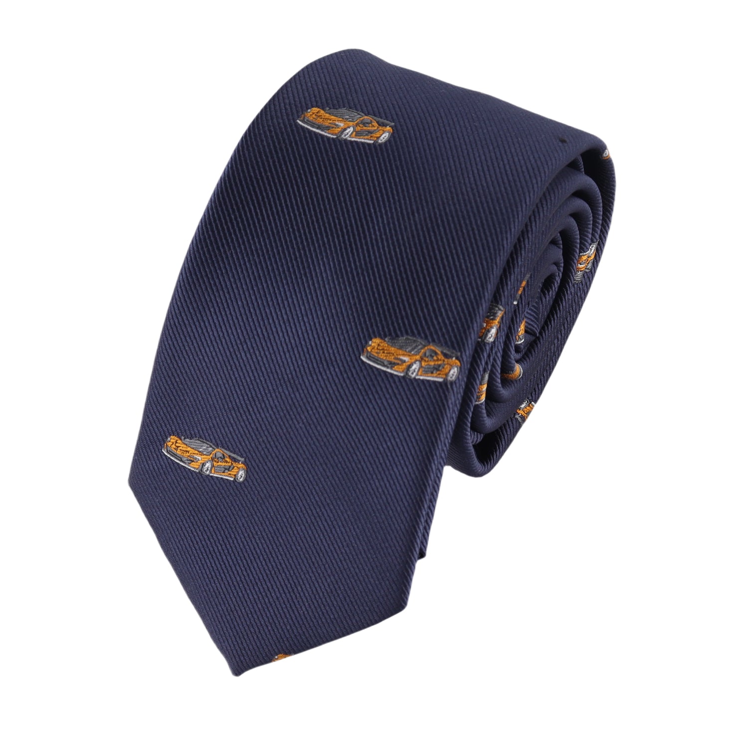 Slim tie featuring orange race car pattern – perfect for car shows and racing events