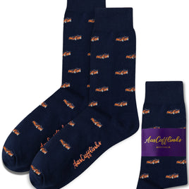 Orange Race Car Socks featuring race car graphics and “AusCufflinks Australia” branding embroidered near the toe and on the packaging—ideal for motorsport enthusiasts.