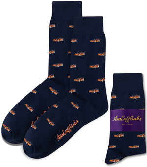 Orange Race Car Socks featuring race car graphics and “AusCufflinks Australia” branding embroidered near the toe and on the packaging—ideal for motorsport enthusiasts.
