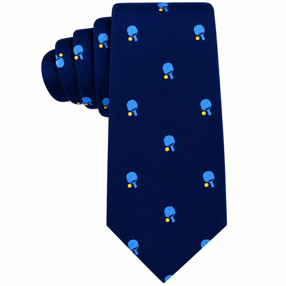Pickle Ball Skinny Tie in dark blue featuring a repeating pattern of light blue table tennis paddles and small yellow balls.