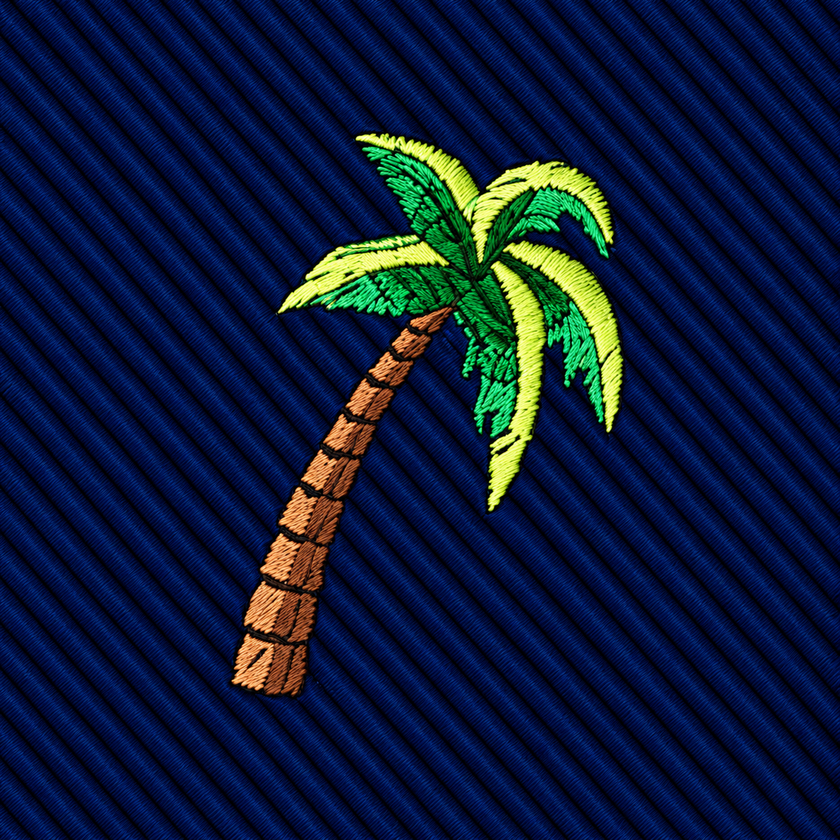 The Palm Tree Skinny Tie features an embroidered palm tree on a dark blue diagonal-striped background.