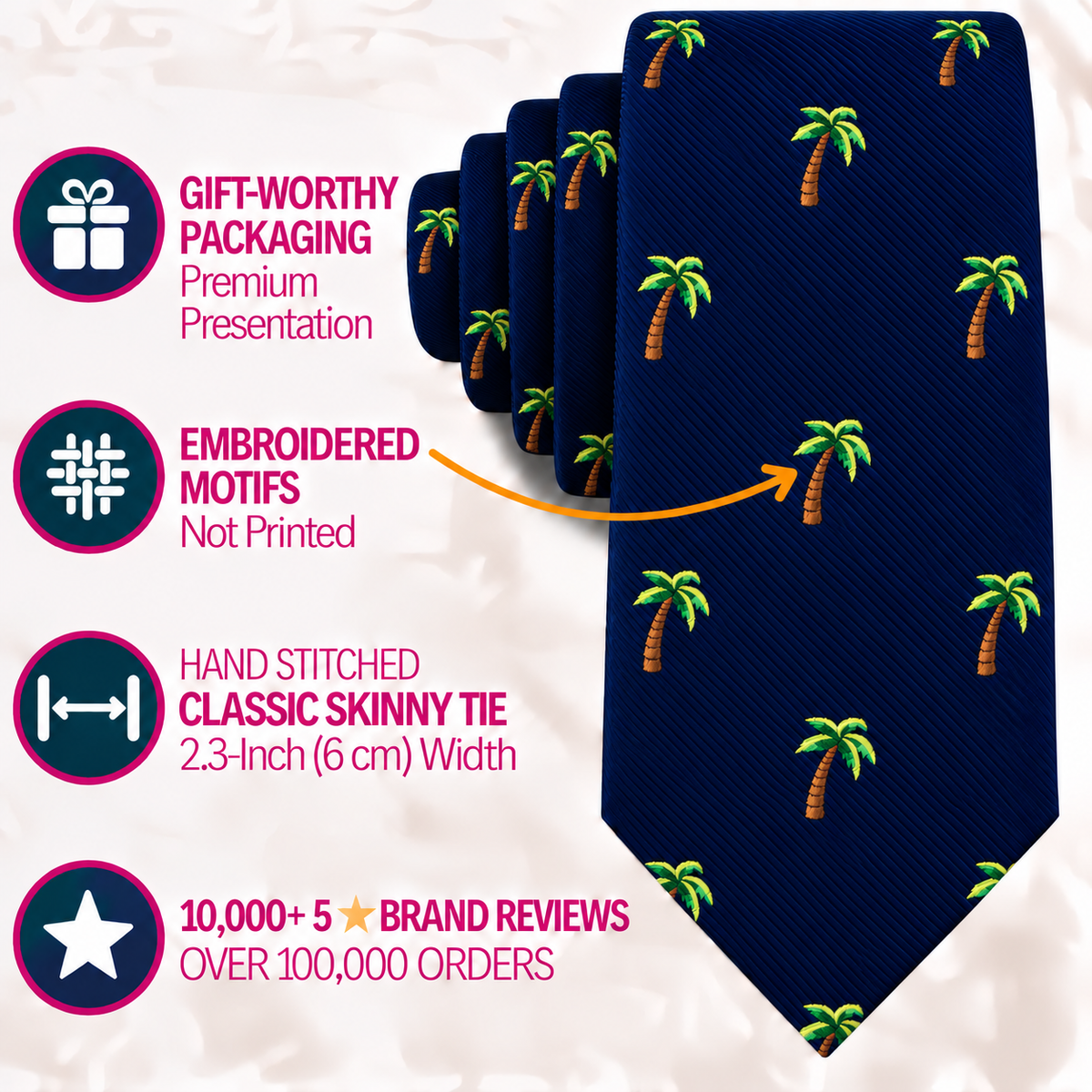 A dark blue Palm Tree Skinny Tie featuring a repeating tropical pattern, embroidered motifs, a 2.3-inch width, and gift-ready packaging.