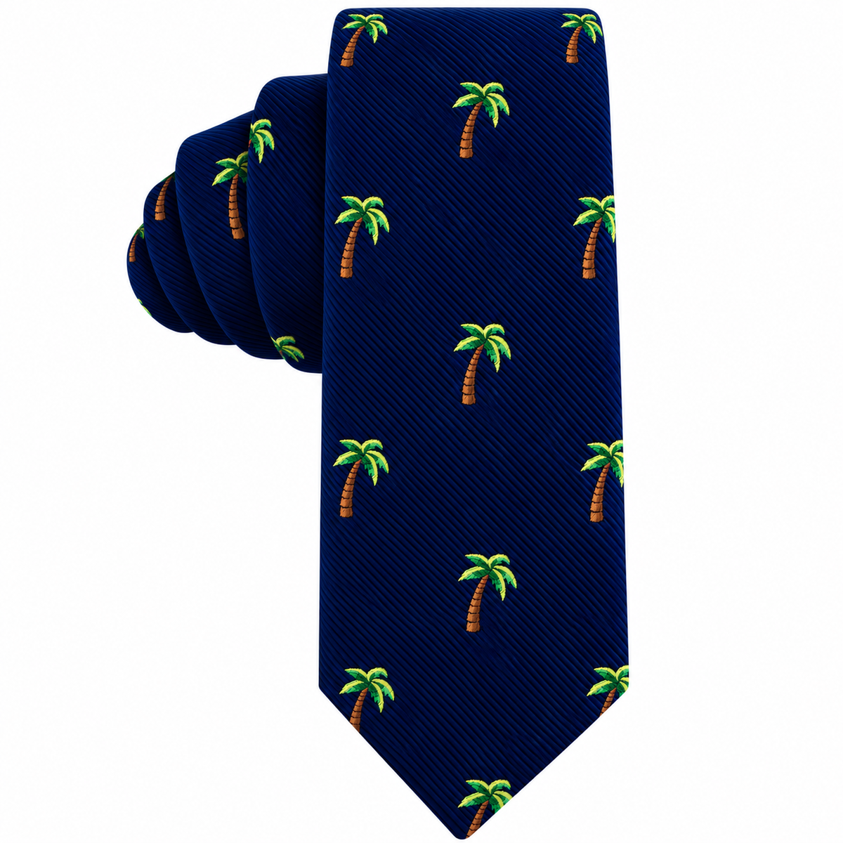 Palm Tree Skinny Tie in dark blue with a repeating palm tree pattern, a perfect tropical accessory.