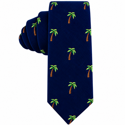 Palm Tree Skinny Tie in dark blue with a repeating palm tree pattern, a perfect tropical accessory.