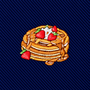 Pancakes Skinny Tie featuring an embroidered patch of buttered pancakes with strawberries on a navy blue diagonal striped background.