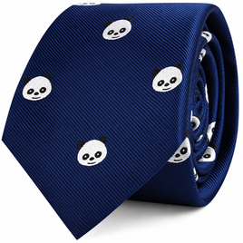 A dark blue Panda Skinny Tie featuring an embroidered white panda face pattern.